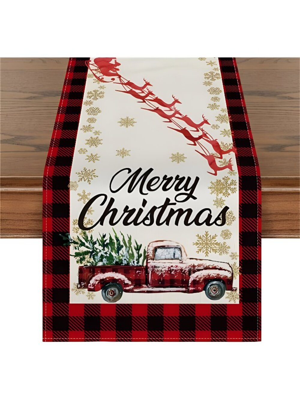 Red and Black Buffalo Plaid Truck Merry Christmas Table Runner13 x 108 Inch
